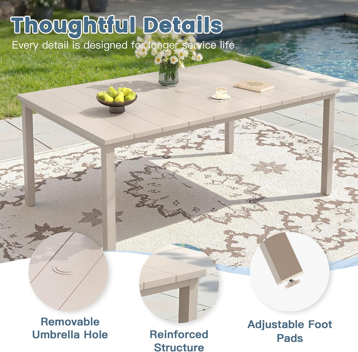 DIFY 63" Outdoor Patio Dining Table for 6, Metal Rectangular Steel Slat Patio Table with 1.57" Adjustable Umbrella Hole, Weather-Resistant for Garden Backyard Poolside Deck, Sandshell