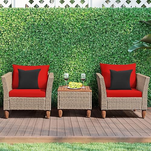 Miniatura 4 de COSTWAY 3PCS Patio Rattan Bistro Muebles Set Mesa Madera Cojín Sofá Rojo