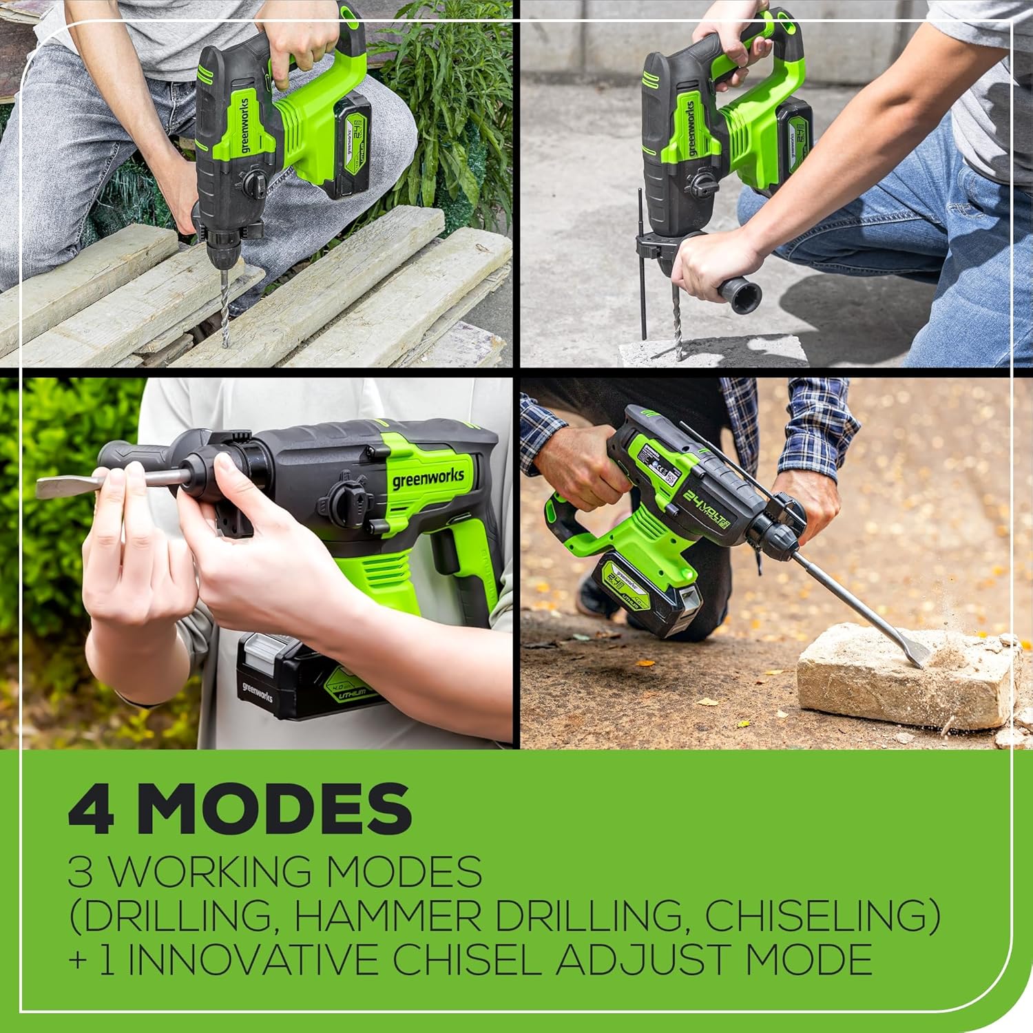 Greenworks 24V Cordless Rotary Hammer, 2.1 Joules, Brushless Motor, 1" SDS Plus Rotary Hammer Drill, 4 Modes, LED Light, 4Ah Battery & Charger Included, Ideal for Concrete, Masonry & Demolition