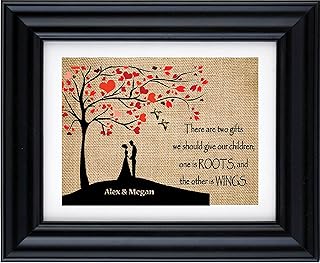 Roots and Wings personalized with couple name - Burlap Print, Baby Shower Gift, Nursery Print, Wedding Parent Gift, gift for couples- Burlap family sign-1W(Frame and Matte Not Included)