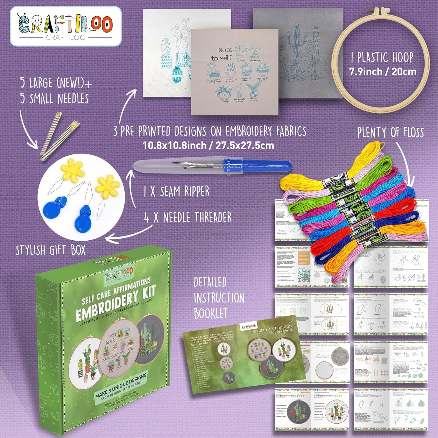 CRAFTILOO Embroidery Kits for Adults Hand Embroidery kit for Beginners with Stamped Embroidery Patterns Starter Embroidery Kit. Needlepoint kit Cross Stitch kit for Teens& Adults Cactus