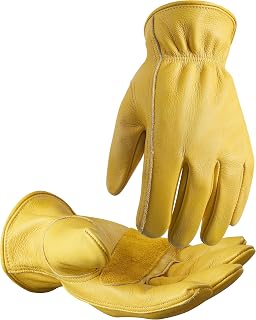 DULFINE Leather Work Gloves Men Women - Reinforced Cowhide Gardening Gloves, Puncture Cut Resistant, Durable Grip