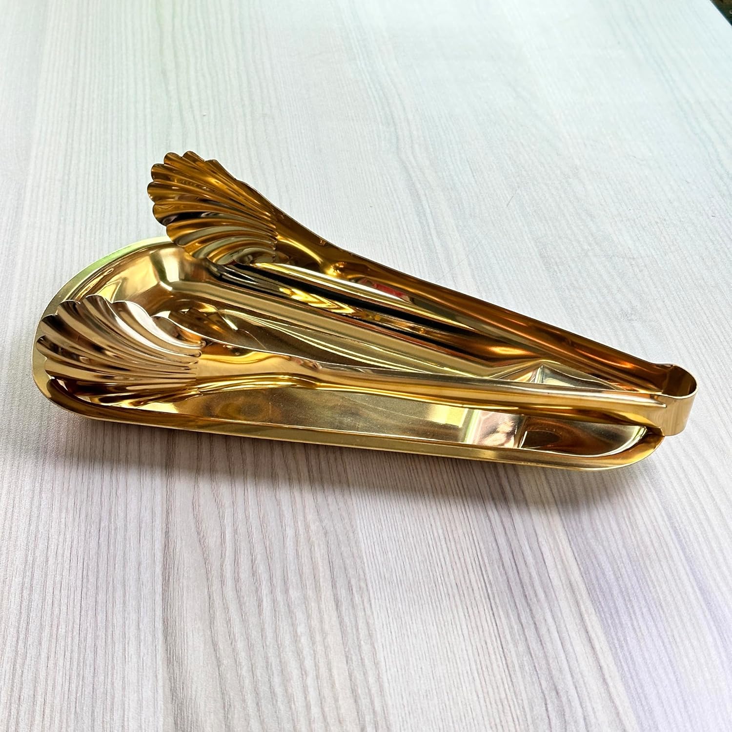 2-Pack Set Gold 304 Stainless Steel Food Tray+Shell Tongs,Non-slip & Easy Grip Smart Locking Clip Handy Utensil for Cooking, Serving, Barbecue, Buffet, Salad, Ice, Oven (11.2"&11")