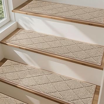 COSY HOMEER Full Edge Wrapping Stair Treads,70x22 CM Non-Slip Carpet Mat for Indoor Stairs, Single Color Polyester Stair Tread Runners Pads for Wooden Steps, Friendly to Kids Pets Elders4pc, Beige