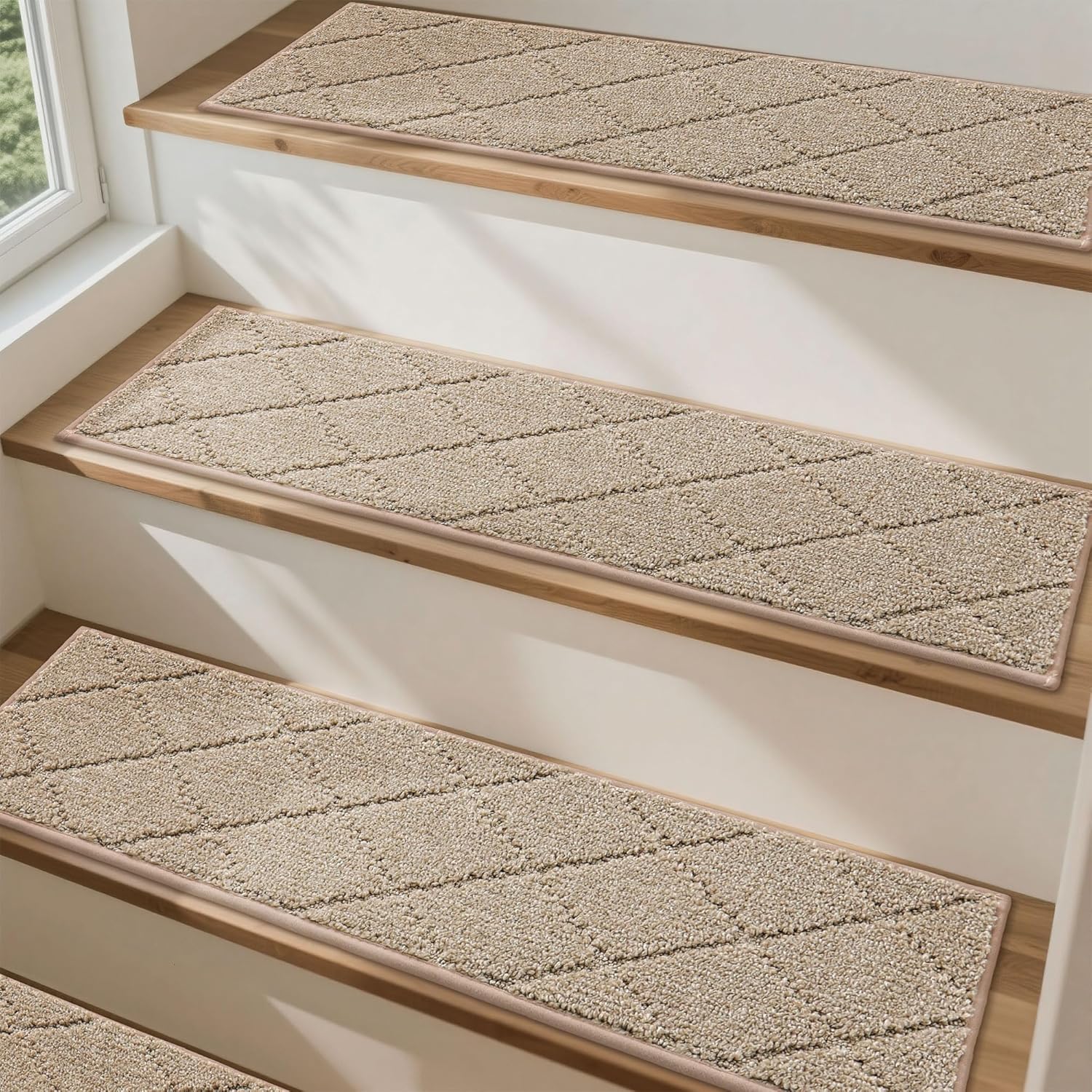 COSY HOMEER Stair Treads for Wooden Steps, Non-Slip Carpet Stair Treads 9x28 Inches, 4PCS Indoor Stair Runners, Soft Polyester with TPE Backing, Safe for Kids Elders and Pets, Beige