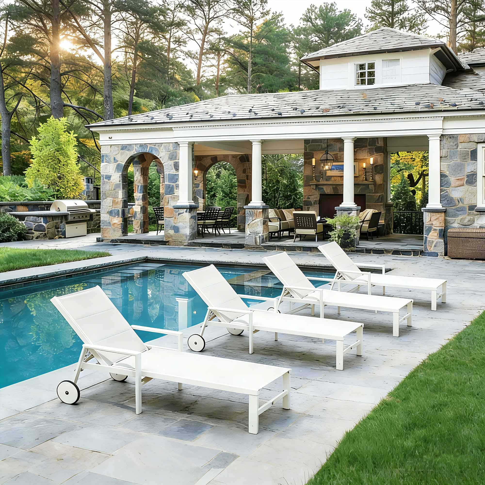 PURPLE LEAF Outdoor Chaise Lounge Set of 4 with Arm, White Frame, White