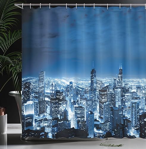 Miniatura 3 de Ambesonne Cortina de ducha de Estados Unidos, vista aérea de Chicago Finance, Business City Horizon Dusk Structure Tourism, juego de decoración de