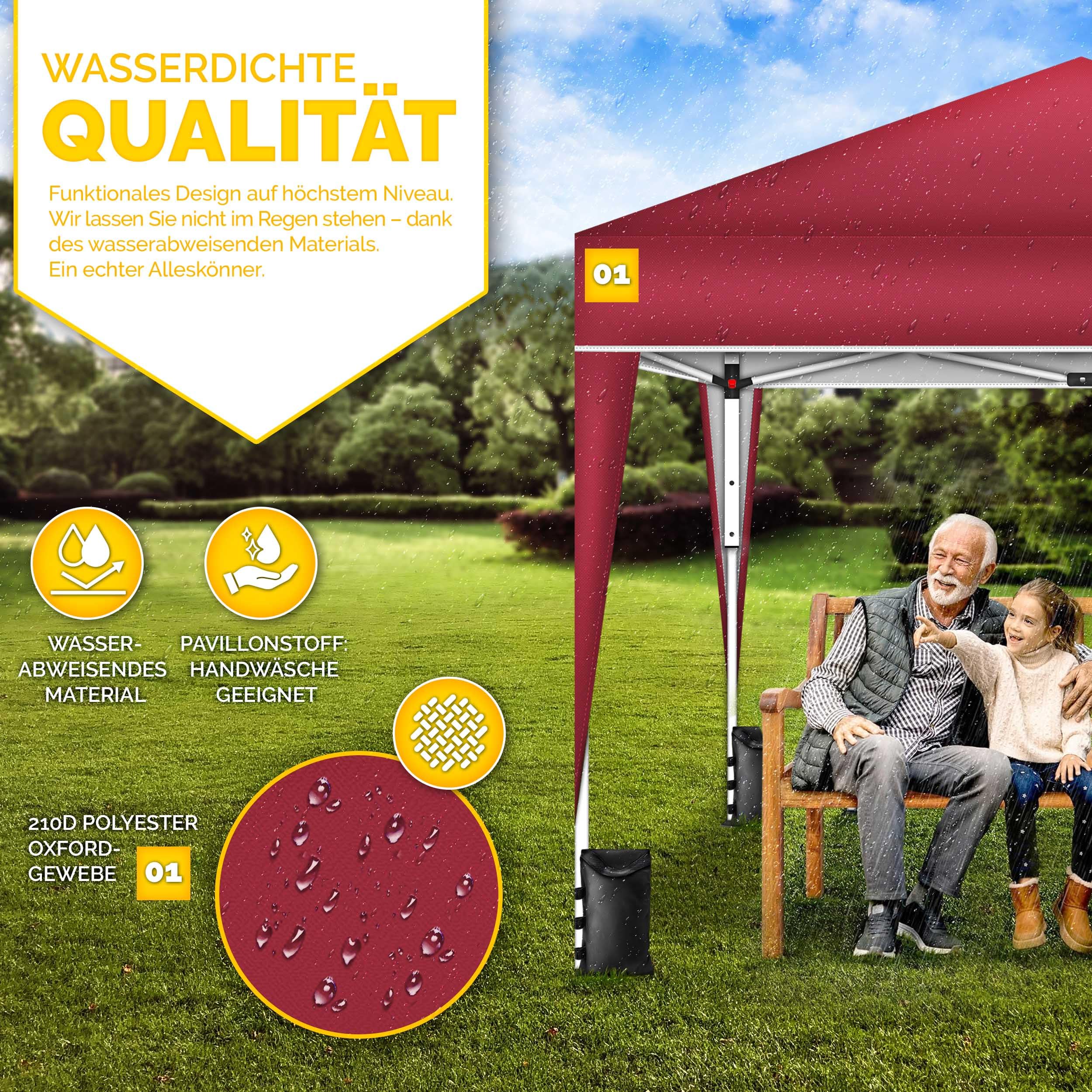 tillvex Pavillon 3x3m wasserdicht + 4er Set Sandsäcke | Pop-Up Faltpavillon stabil & höhenverstellbar | Gartenzelt UV Schutz 50+ | Partyzelt mit Tasche für Garten (Rot)