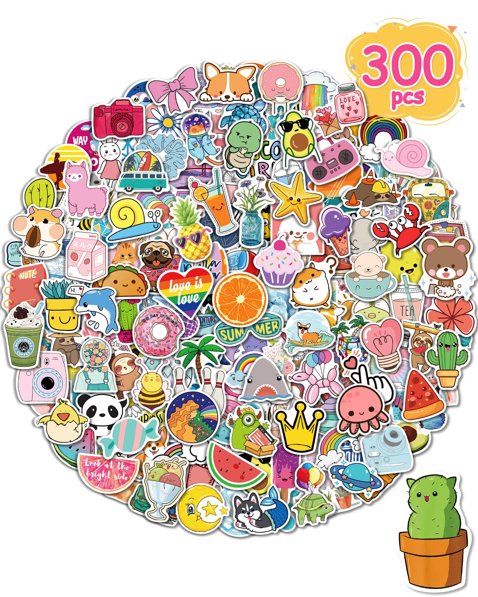 Stickers for Water Bottles, 300 Pcs/Pack Cute Vinyl Waterproof Laptop Sticker for School Students Gifts Supplies Classroom Teachers Prizes Stocking Stuffers Stickers for Kids Girls Teens