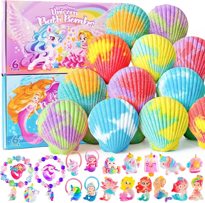 BreezeDream Bombas de banho em formato de concha com brinquedos-surpresa, 12 unidades e 20 brinquedos