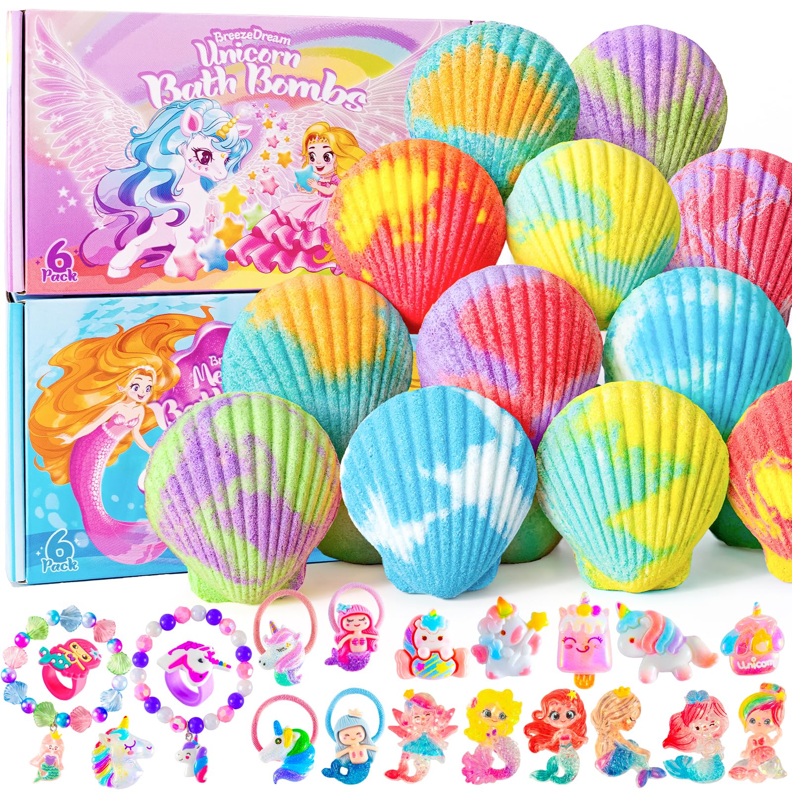 12 Pack Shell Bath Bombs with 20 Mermaid & Unicorn Surprise Toys