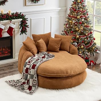 71" Oversized Round Chair, Giant Bean Bag Couch Chairs for Adults, Fluffy Chenille Boneless Couch Circle Bed with 5 Pillows, Extra Deep Seat for Living Room Lounge, No Assembly Required Orange