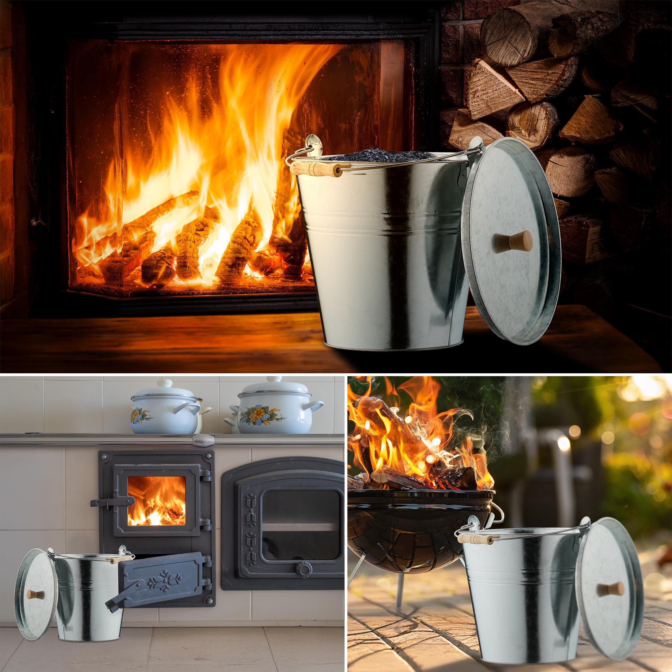Relaxdays Secchio Raccogli Cenere con Coperchio, Cestello 12,5 L, Carbone e Bricchetti Camino e Stufa, Acciaio, Argento