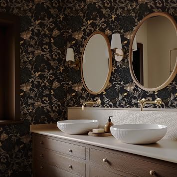 RollsRolla Gothic Black and Gold Self Adhesive Wallpaper - Dark Moody Floral Peel and Stick Wallpaper - Black/Gold/Gray Bathroom, Bedroom, Living Room, Accent Wall