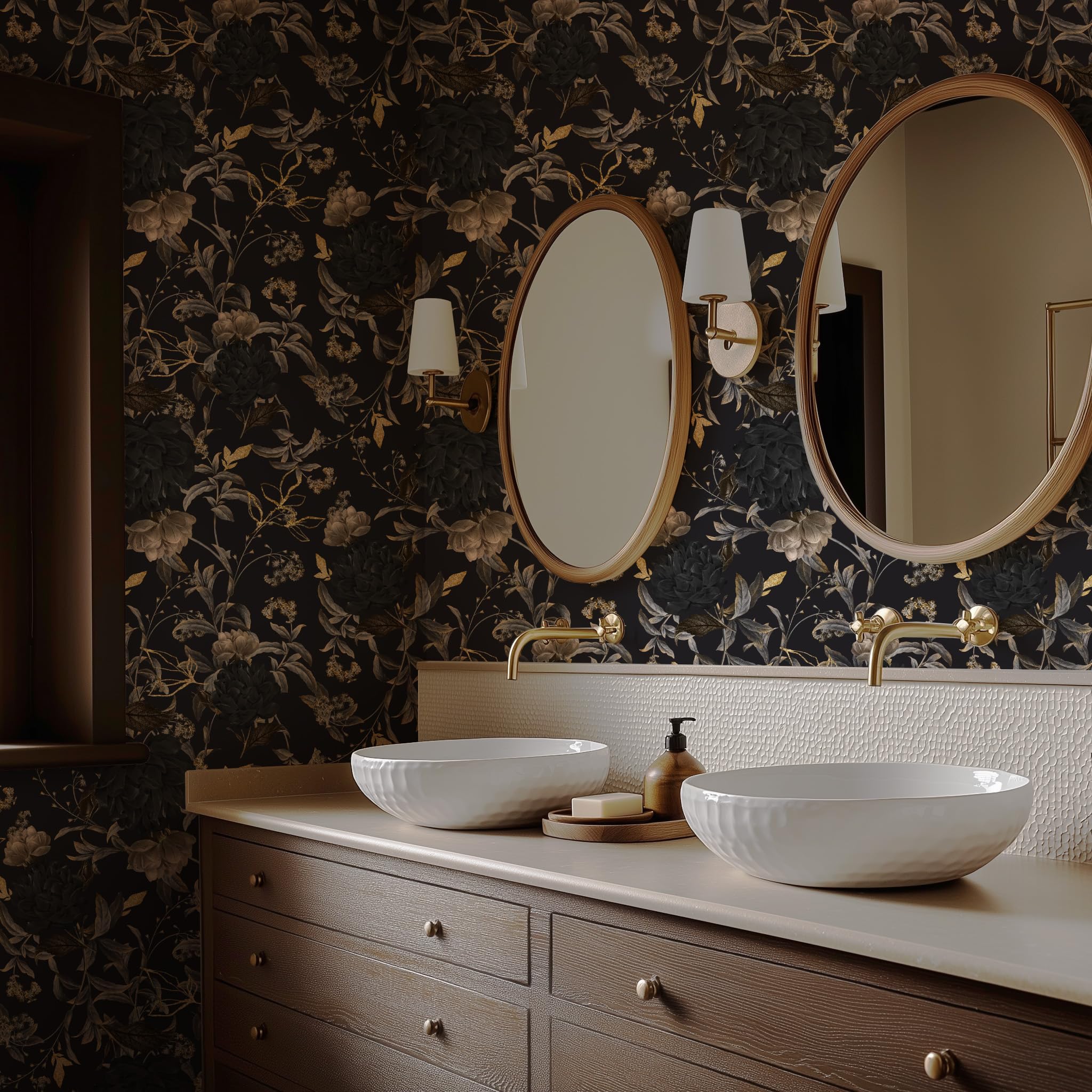 RollsRolla Gothic Black and Gold Self Adhesive Wallpaper - Dark Moody Floral Peel and Stick Wallpaper - Black/Gold/Gray Bathroom, Bedroom, Living Room