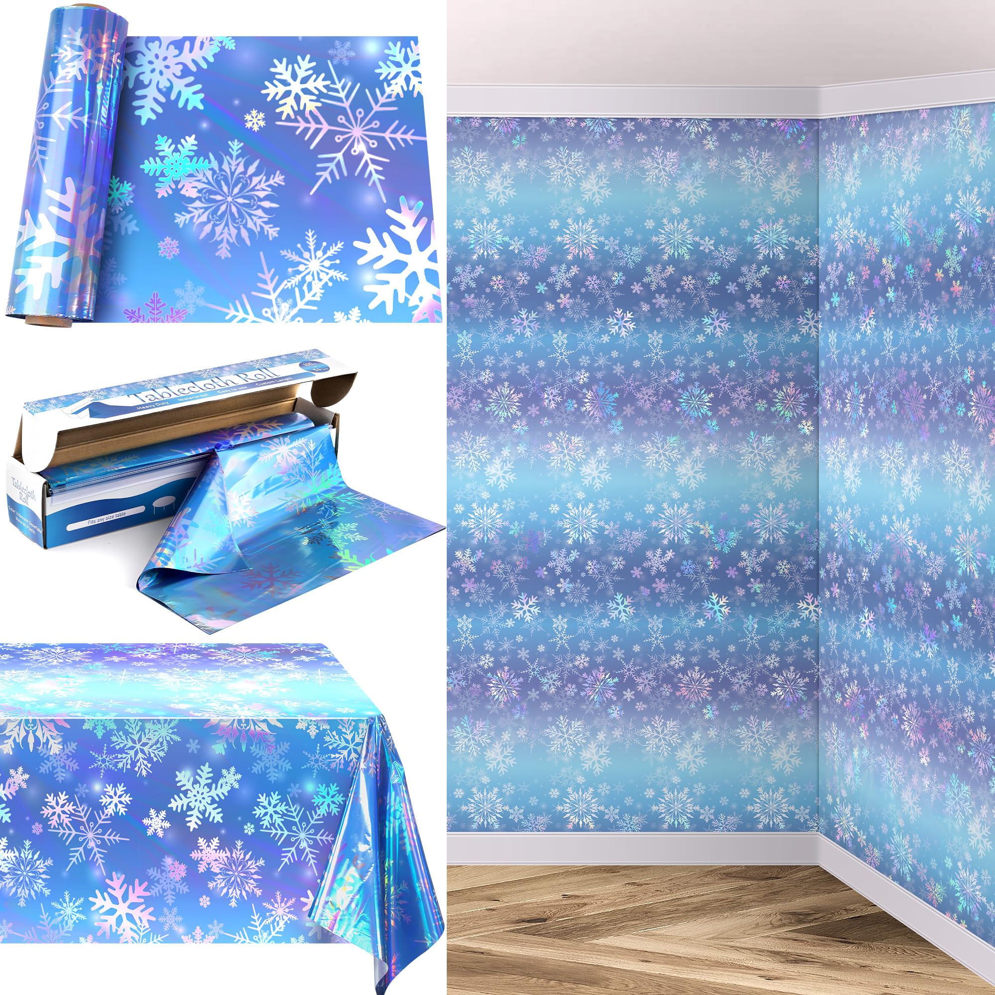 Kochorie 100 Ft x 54 Inch Iridescent Winter Snowflake Tablecloth Roll with Cutter Box Holographic Blue and Purple Snowflake Wonderland Table Cover Backdrop for Frozen Birthday Party Supplies