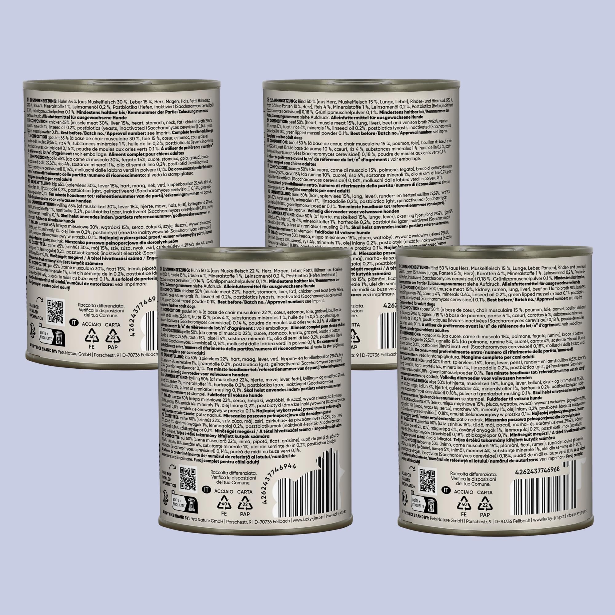 LUCKY JIM Huhn & Rind Mix Hundefutter nass - 24 x 400g Dosen - Nassfutter für Hunde, ohne Zuckerzusatz & mit Postbiotika für die Verdauung, Made in Germany - mit Tierärzten entwickelt