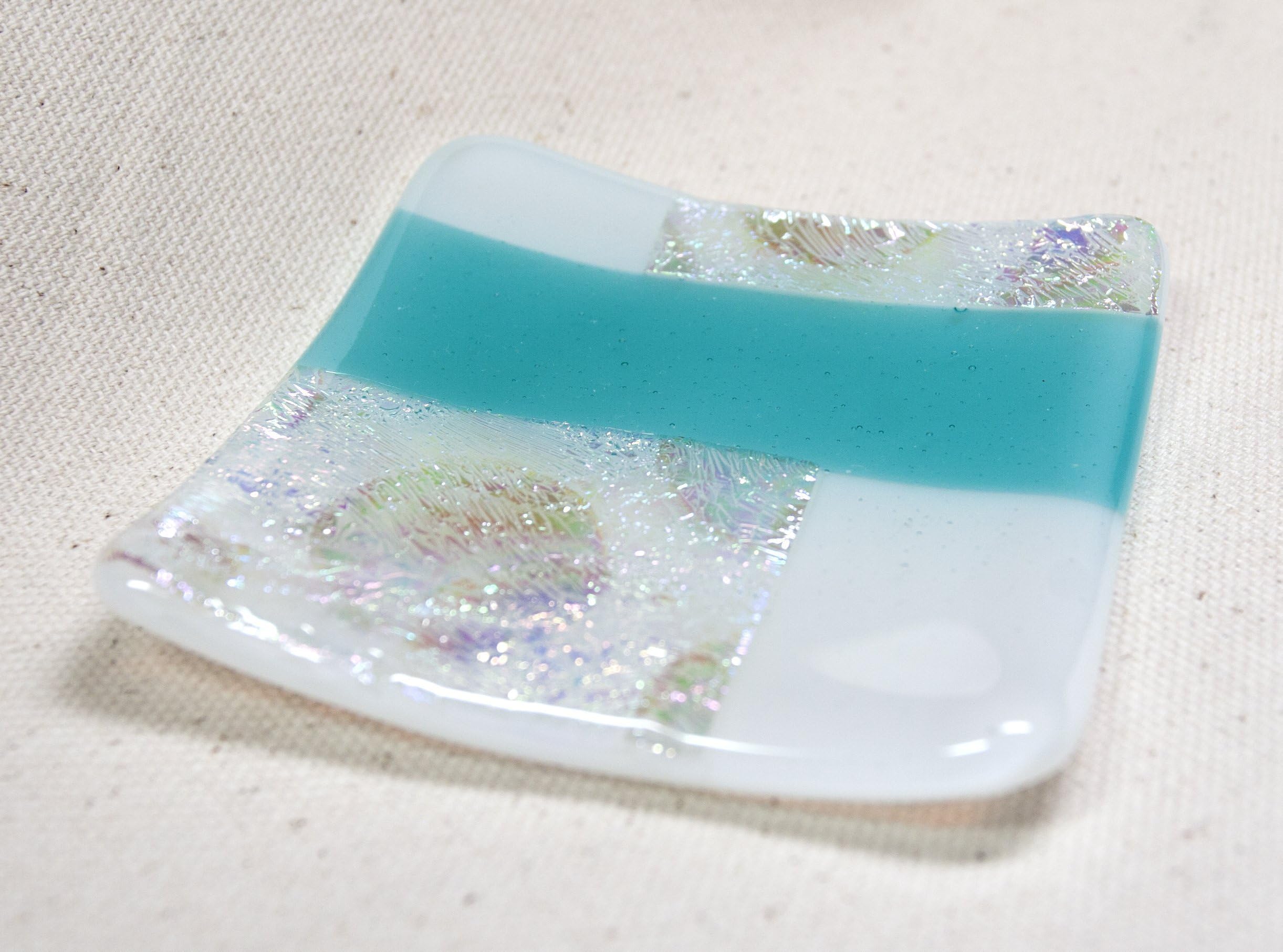 Small Candle Plate Dichroic Glass Turquoise Blue and White Modern Design