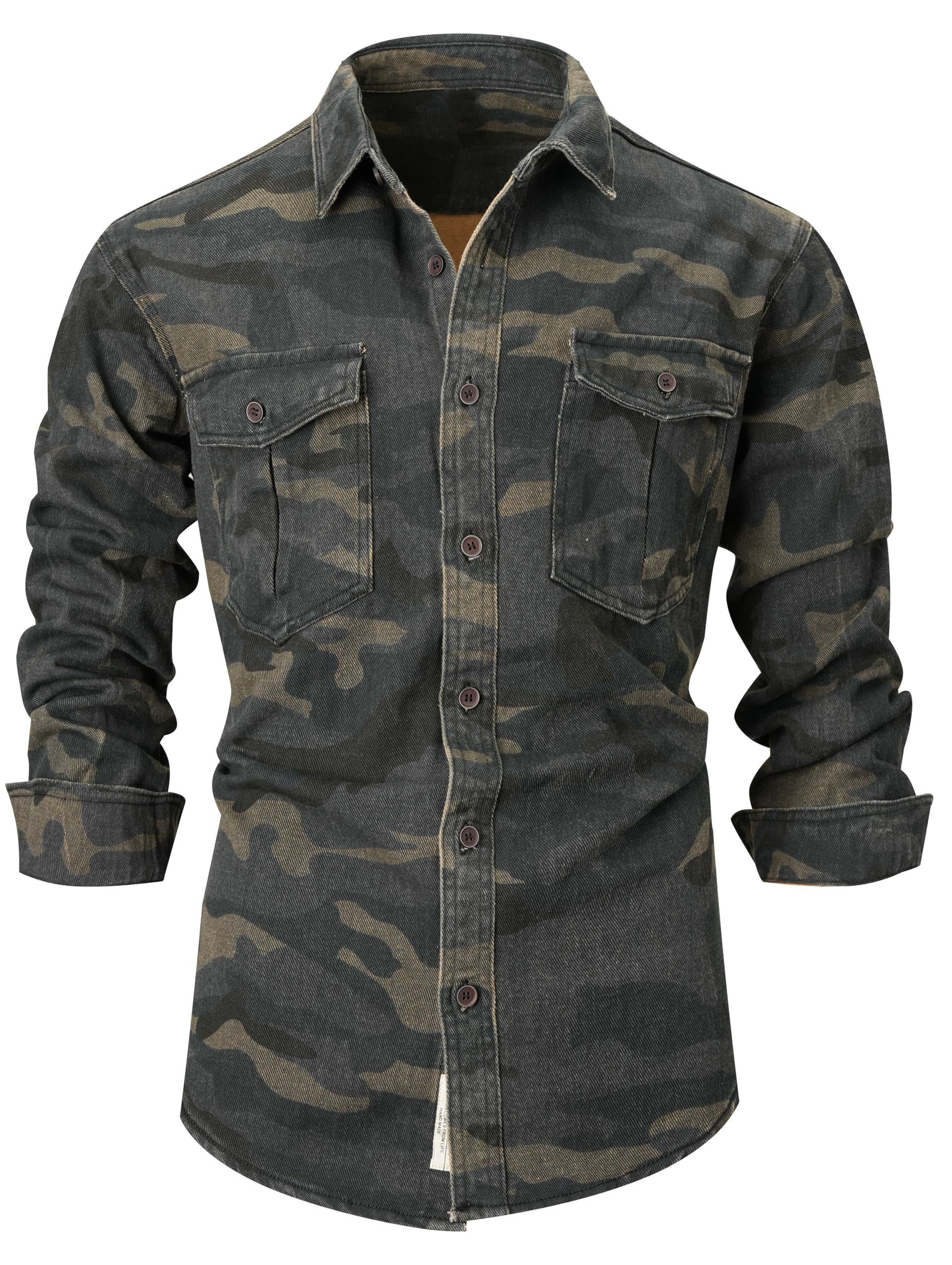 PAODIKUAI Men Camouflage Denim Shirt Camo Washed Military Long Sleeve Shirts Casual Button Down Shirts