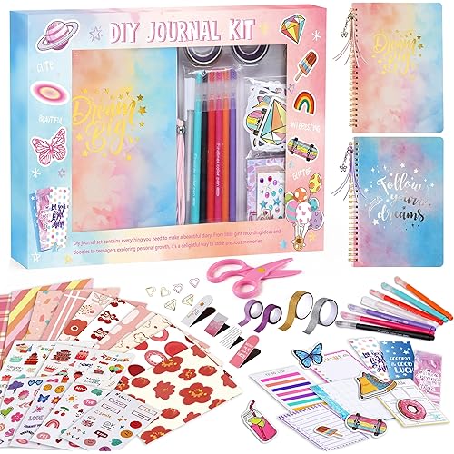 DIY Journal Kit for Girls Ages 8 9 10 11 12 13 14-Scrapbook Kit with 2 Diaries & 300+ Scrapbooking Supplies, Journaling Arts & Crafts Set, Perfect DIY Journal Gifts for Teens & Teen Girls