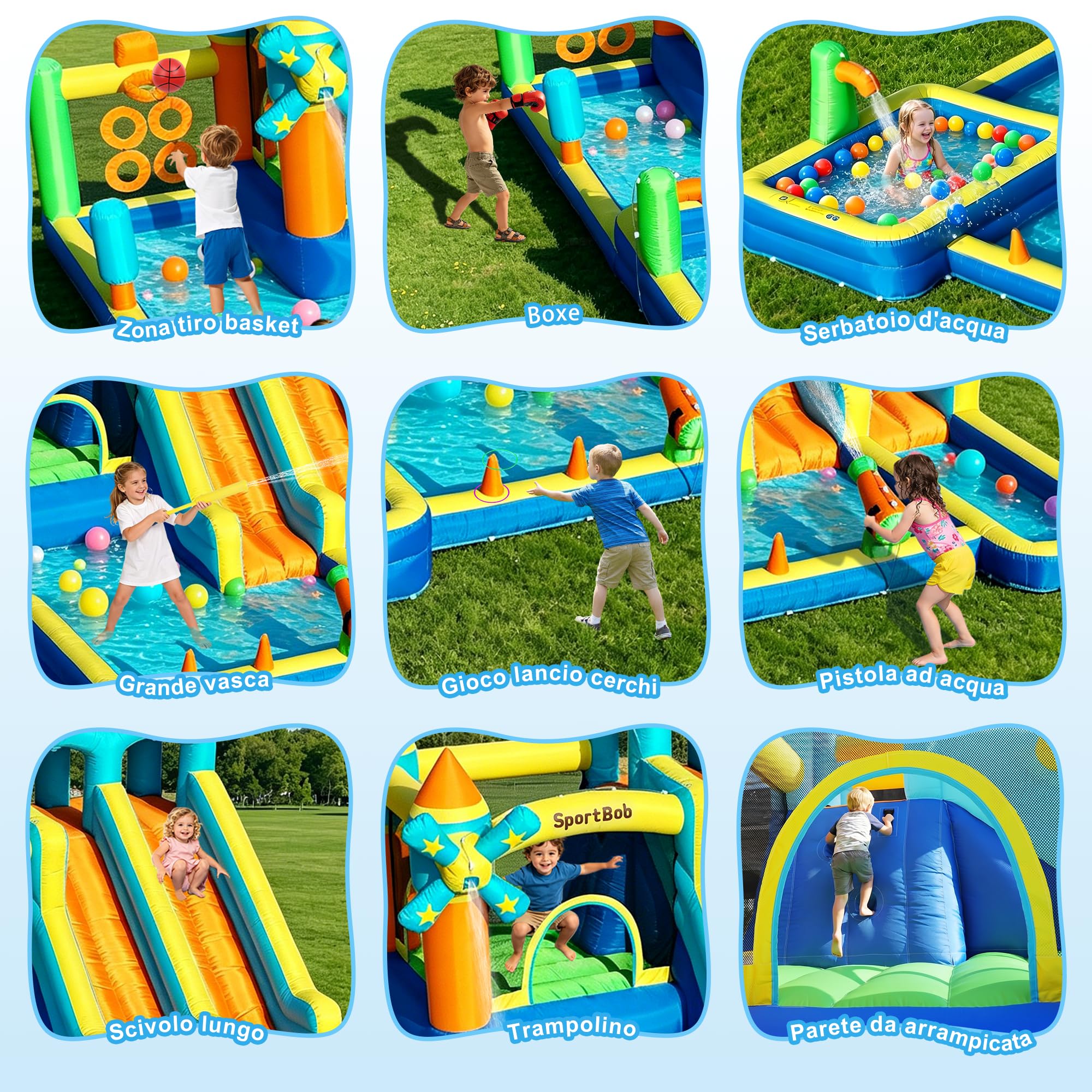 Castello gonfiabile con doppio scivolo, ventola, piscina per bambini, area per salti e parete da arrampicata, ideale per uso interno ed esterno, riunioni di famiglia e occasioni di compleanno