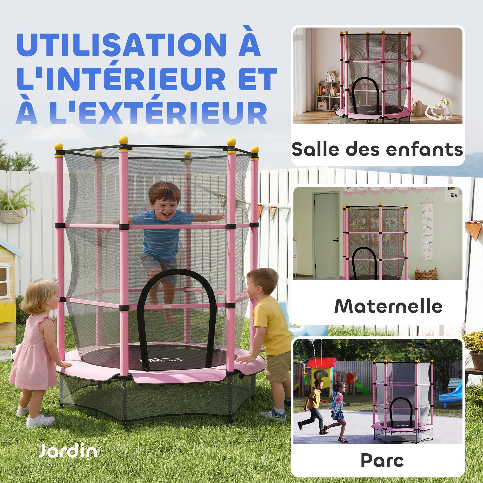 HOMCOM Trampoline Enfant Ø 1,40 m Filet de sécurité Porte zipée Couvre-Ressorts 6 poteaux rembourrés Inclus