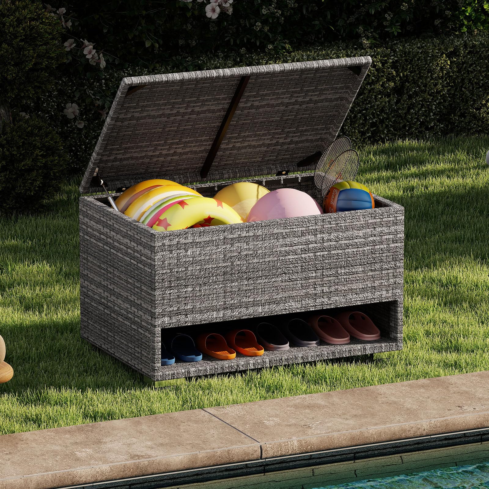 COSTWAY Baule da Giardino 186 L, Panca Contenitore in Rattan con Scarpiera, Rivestimento Protettivo, Organizzatore per Cuscini, Accessori Piscina, Attrezzi da Giardino (Grigio)