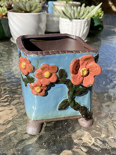 Handmade Embossed Ceramic Pot, 4 inch x 4 inch square, blue and orange red, excellent for succulents and other plants
