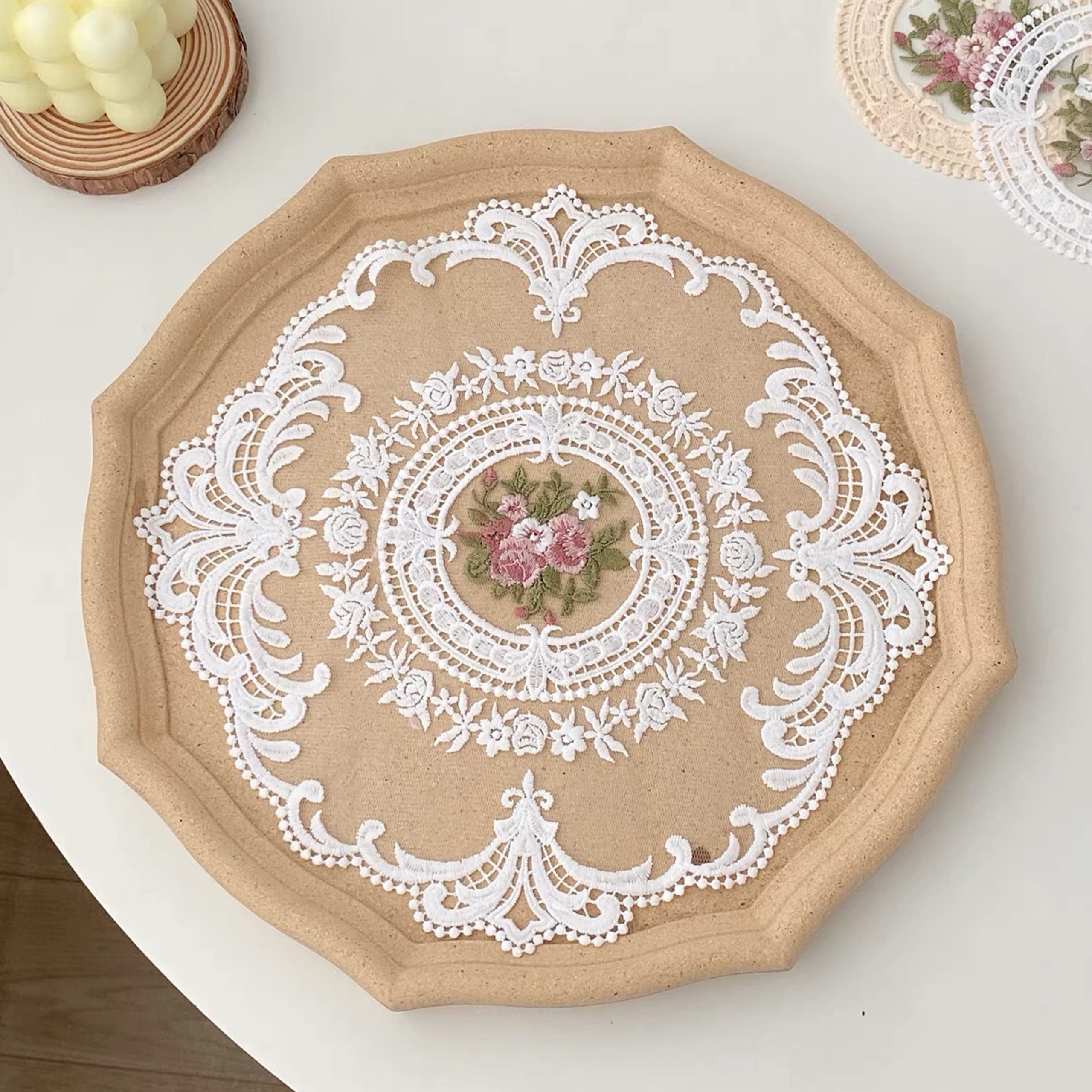 2pcs French lace Placemats, exquisite flower embroidered Round Doilies Coasters Vase mat for home decoration (White,Diameter28cm) - Image 2