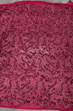 Erin HOT Pink Flowers and Leaves Sequins on Mesh Lace Fabric by the Yard - 10063