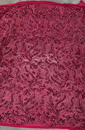 Erin HOT Pink Flowers and Leaves Sequins on Mesh Lace Fabric by The Yard - 10063