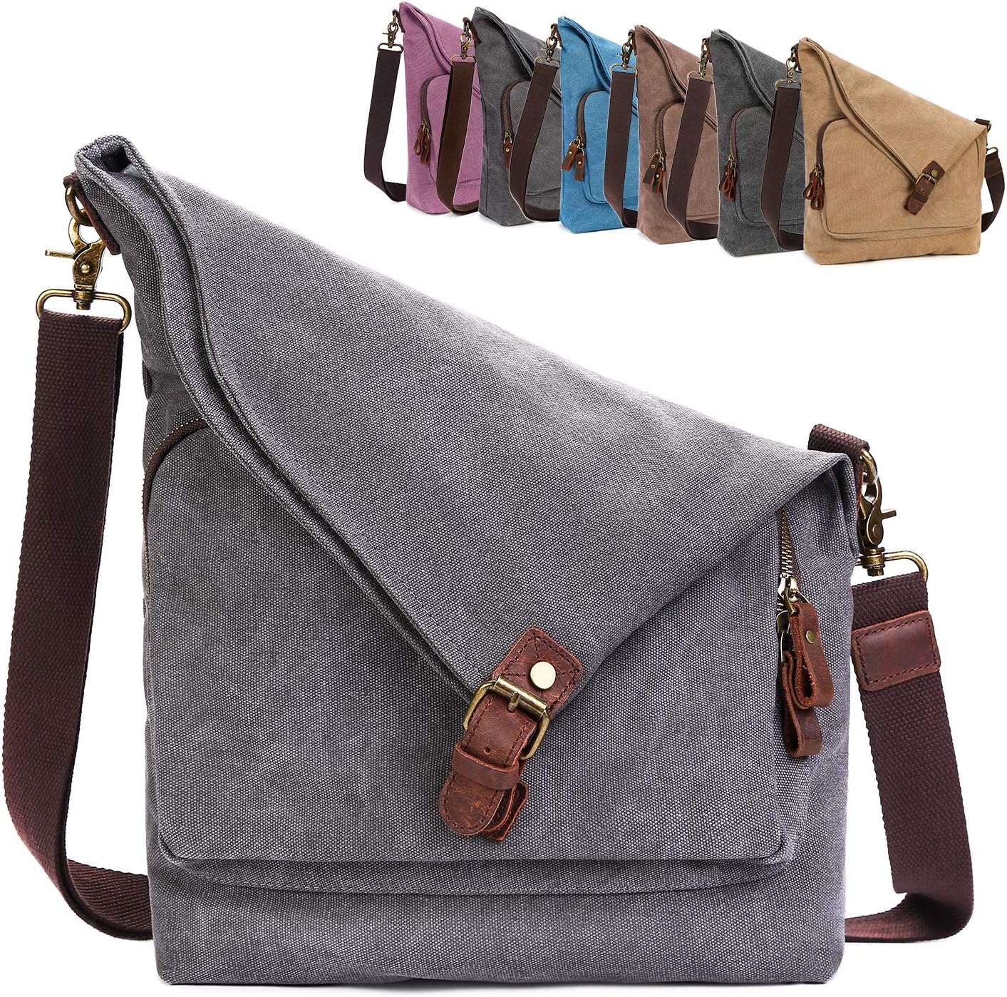 Canvas Crossbody Bag for Women Genuine Leather Messenger Purse Handbags Shoulder Bag Hobo Totes