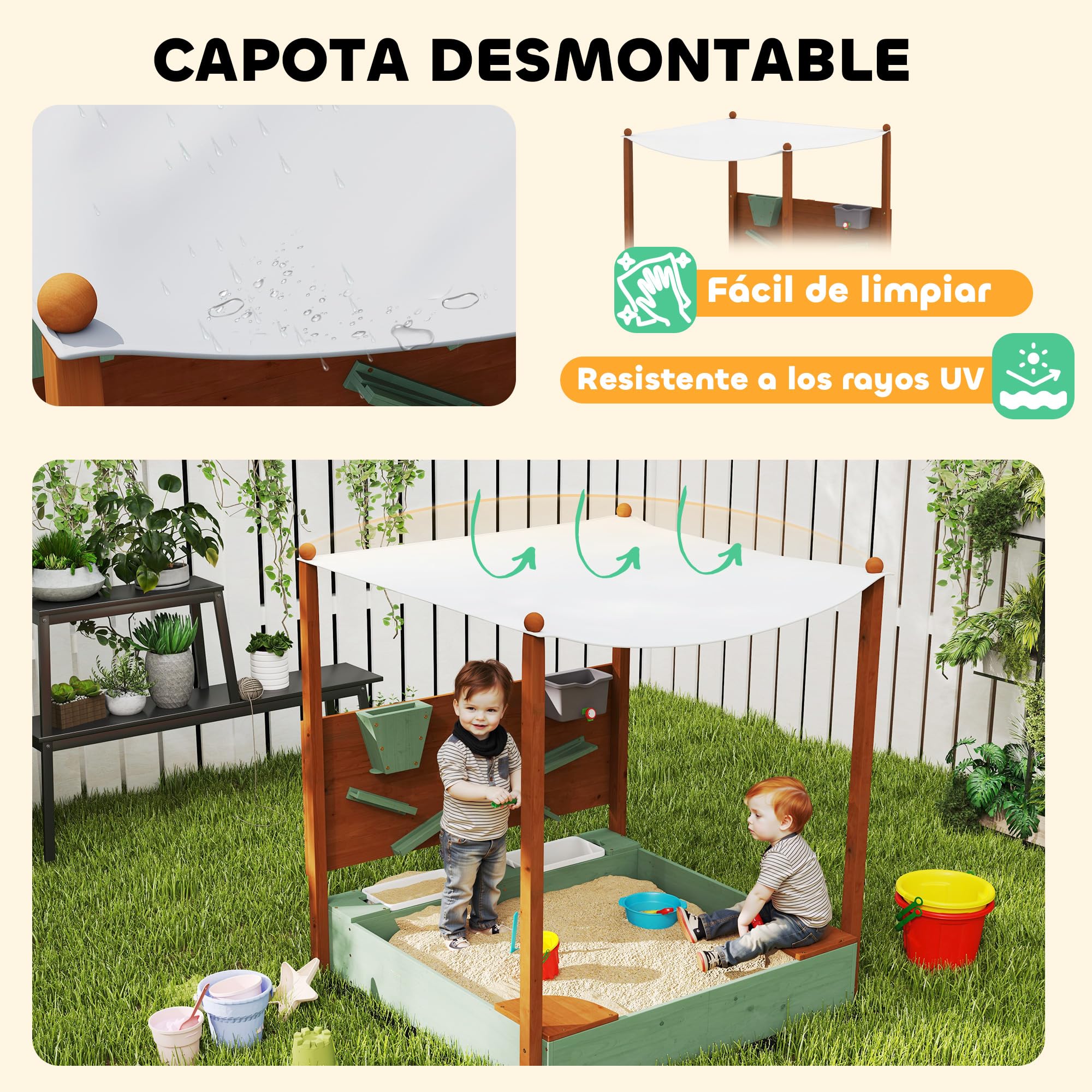 AIYAPLAY Arenero para Niños de Madera con Techo, Arenero Infantil con 2 Asientos, 2 Cajas, Grifo, Embudo, Caja de Arena para Niños de 3-6 Años, para Patio, Jardín, Balcón, 116x112,5x128 cm, Verde