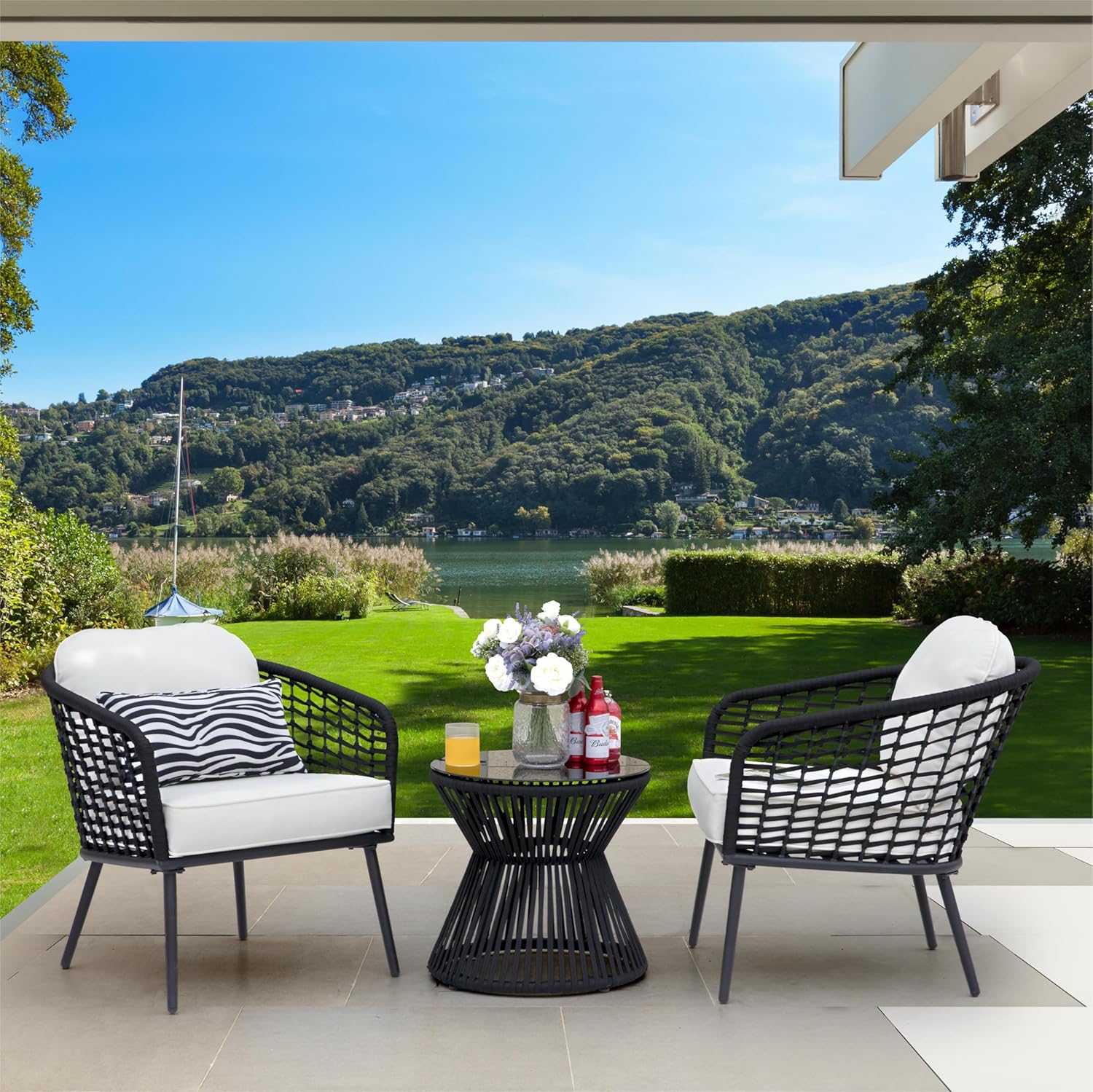 NUU GARDEN 3 Piece Outdoor Patio Bistro Set, Outdoor Table with Glass Tabletop and 2 Patio Bistro Chairs with White Cushions, Wear-Resistant Woven Rope, for Garden,Yard, Balcony, Black