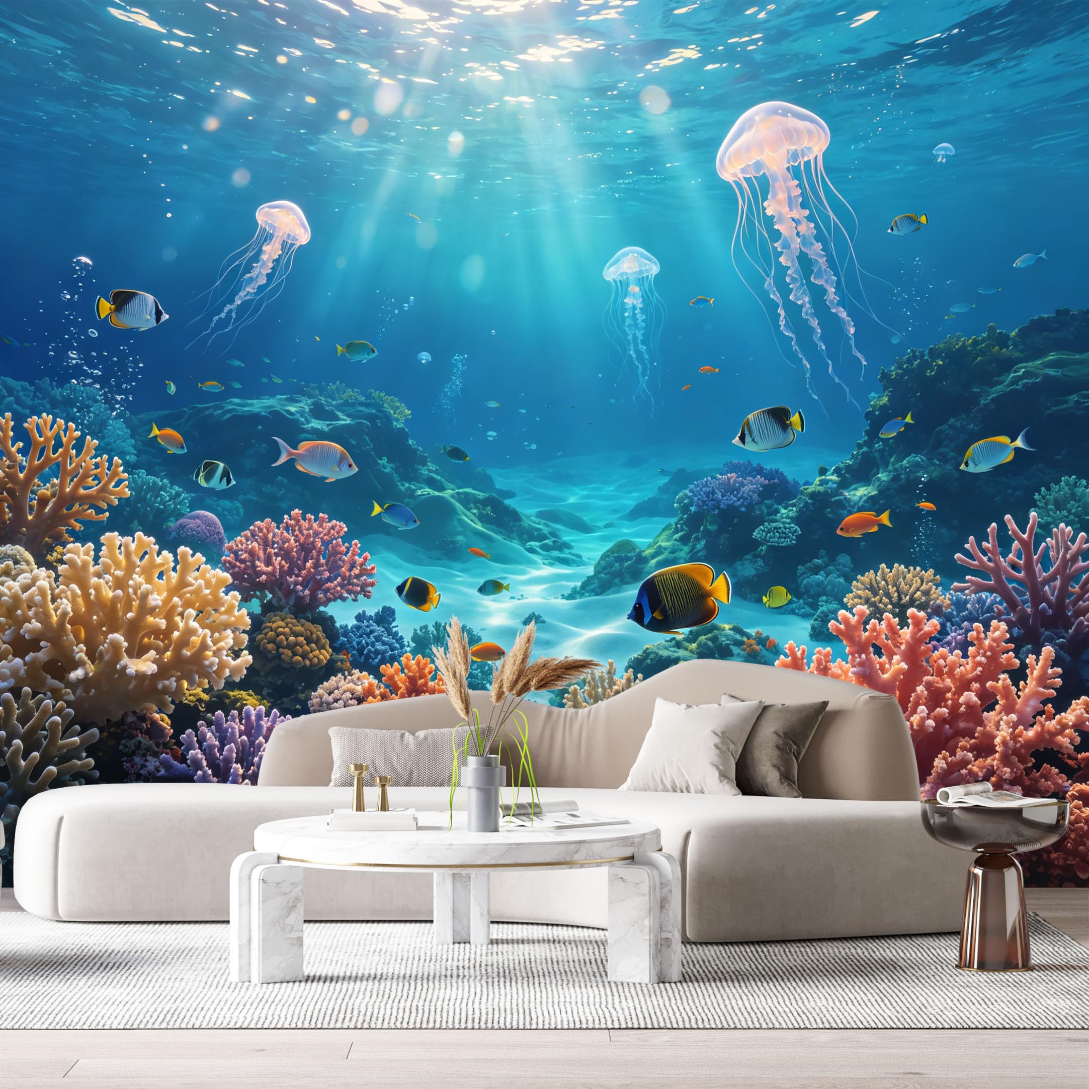 Custom Size Wall Murals Ocean Marine Tropical Coral Reef Jellyfish 3D Underwater Scenery SelfAdhesive Wall Fabric Removable Large Wallpaper for Photo Living Room