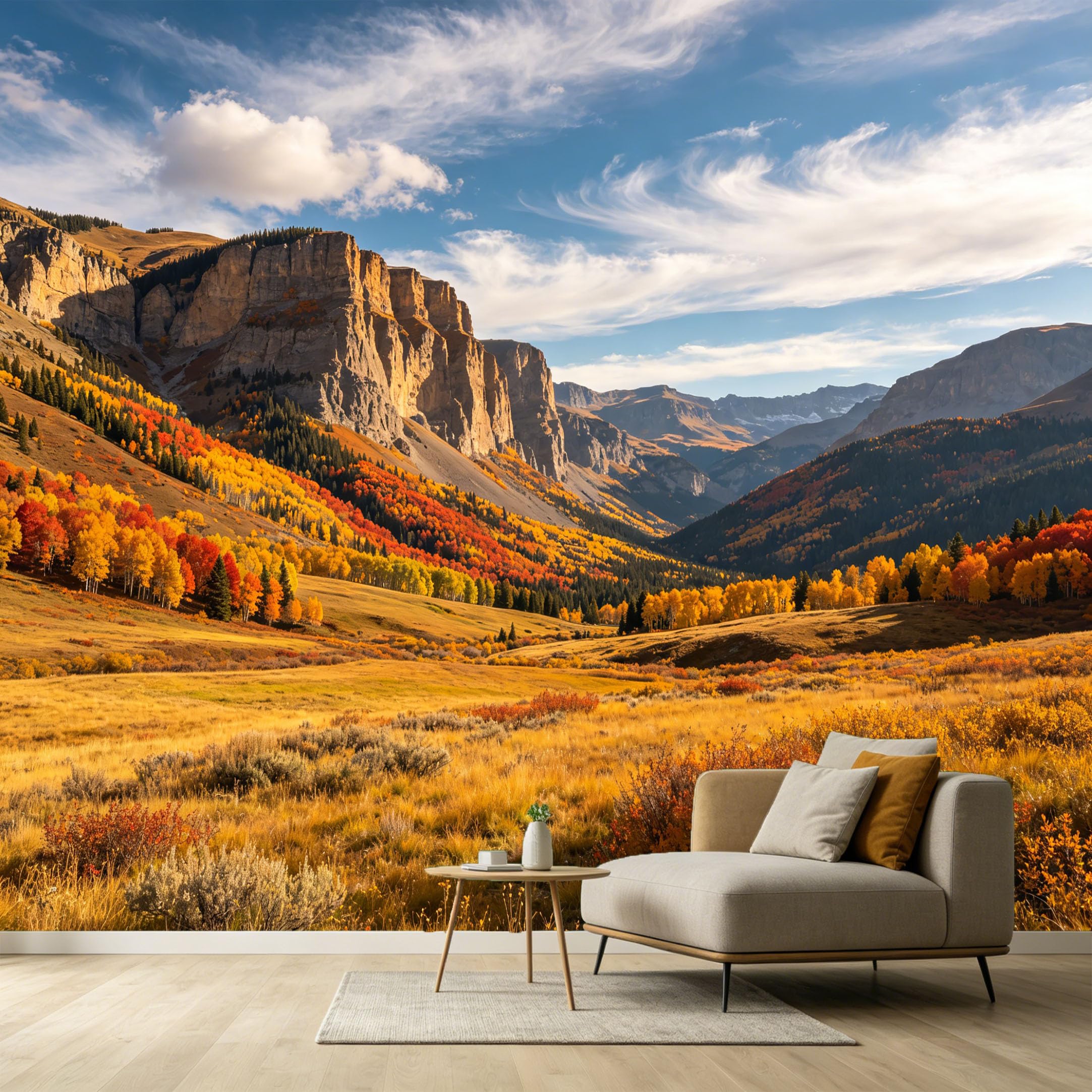 Custom Size Wall Murals Autumn Mountain Landscape Valley View Rugged Cliff Scenic SelfAdhesive Wall Fabric Removable Large Wallpaper for Photo Living Room