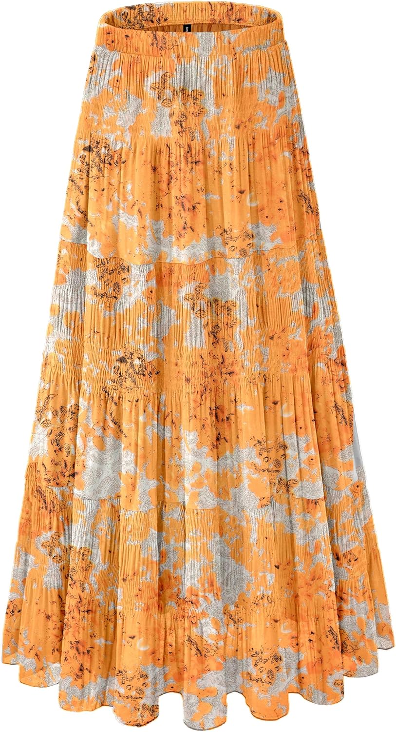 Women's Chiffon White Flowy Maxi Skirts Boho Fall Elastic Waisted Pleated A Line Long Skirt for Women 2025