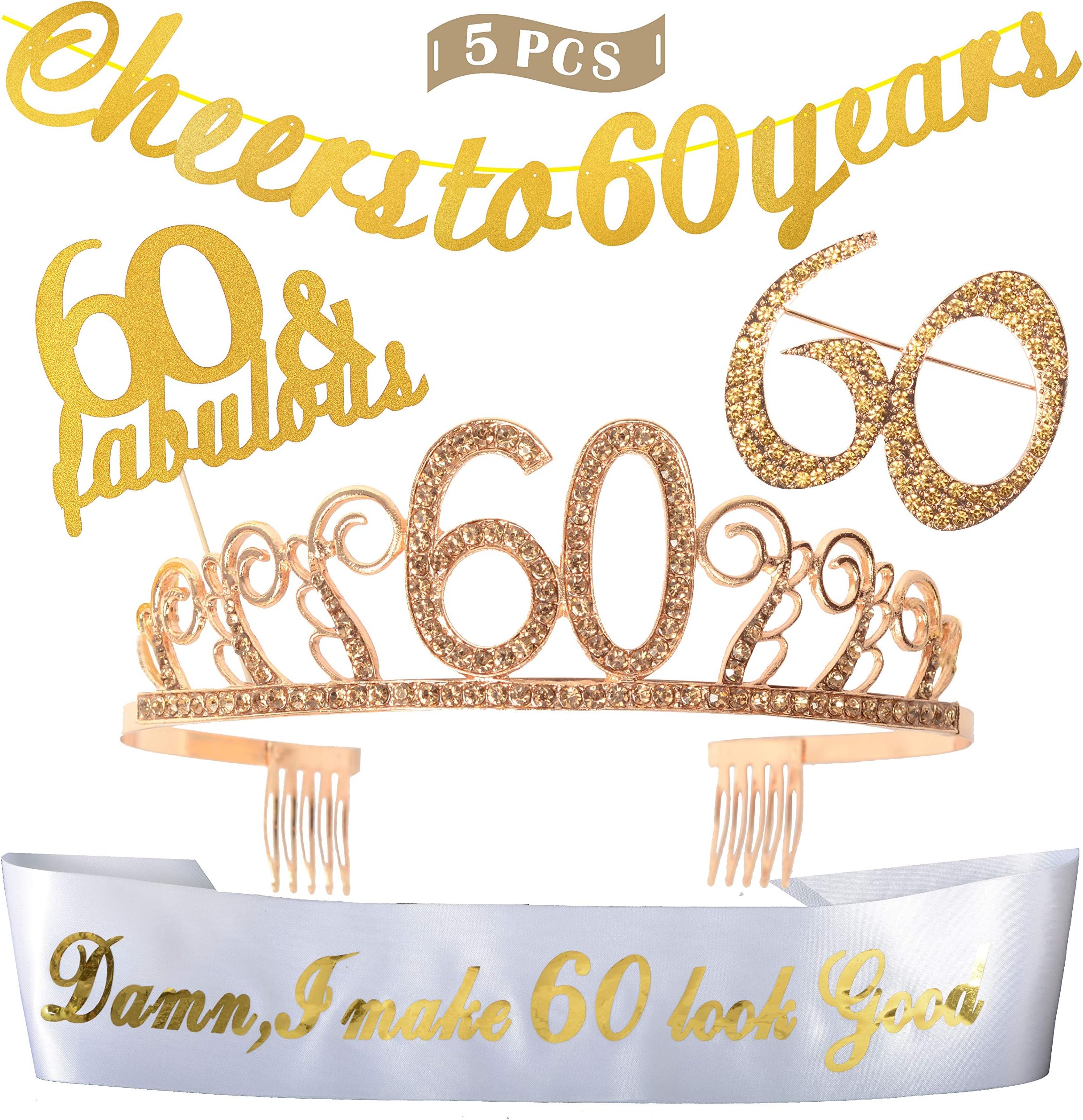 60th Birthday Decorations for Women, Gold 60th Birthday Tiara, 60th Birthday Sash, Gold Glittery Cheers to 60 Years Banner, 60 and Fabulous Cake Topper, 60 Golden Rhinestone Brooch