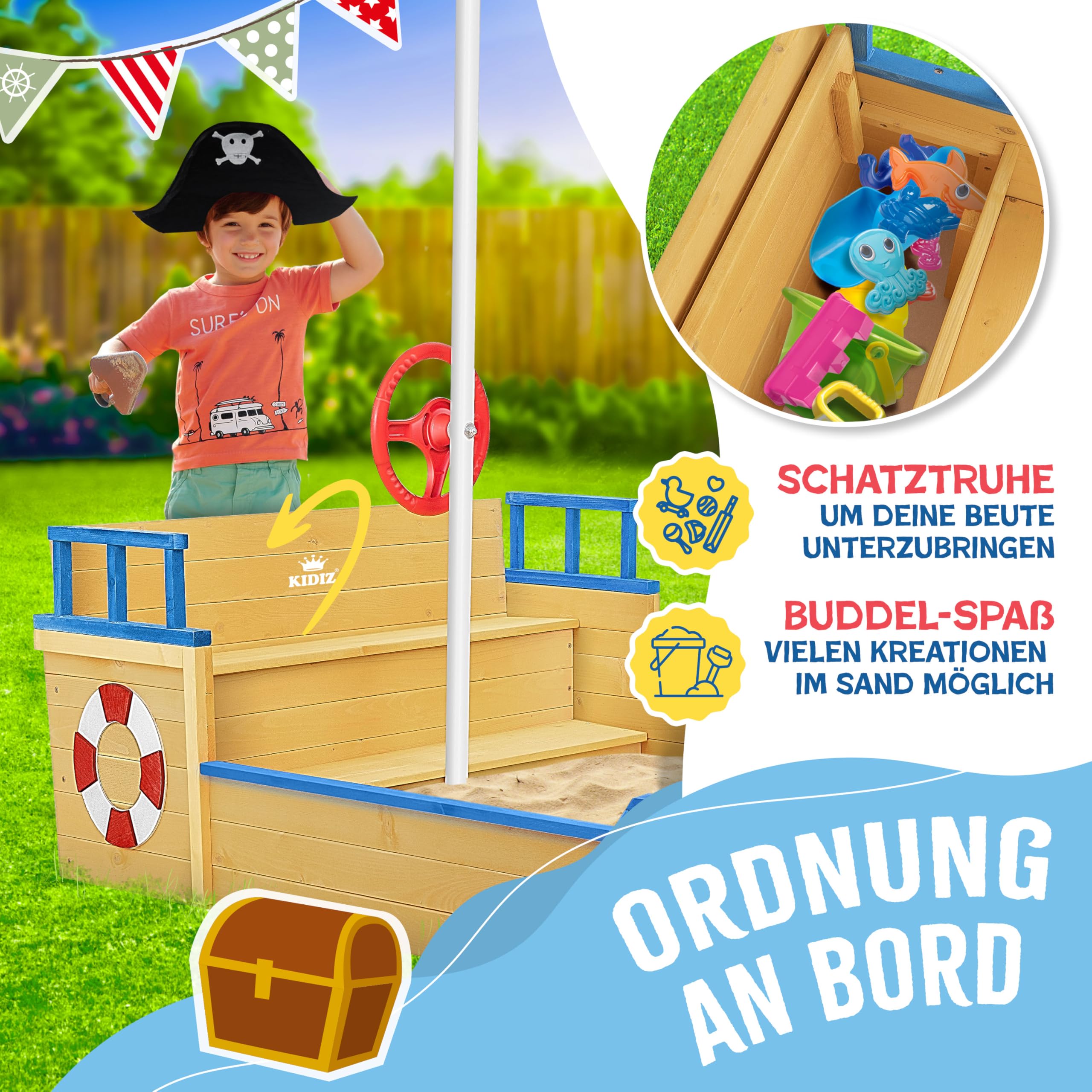 KIDIZ® Sabbiera per bambini Ahoy - nave pirata - barca giocattolo - barca a vela in legno - incl. copertura protettiva, blu