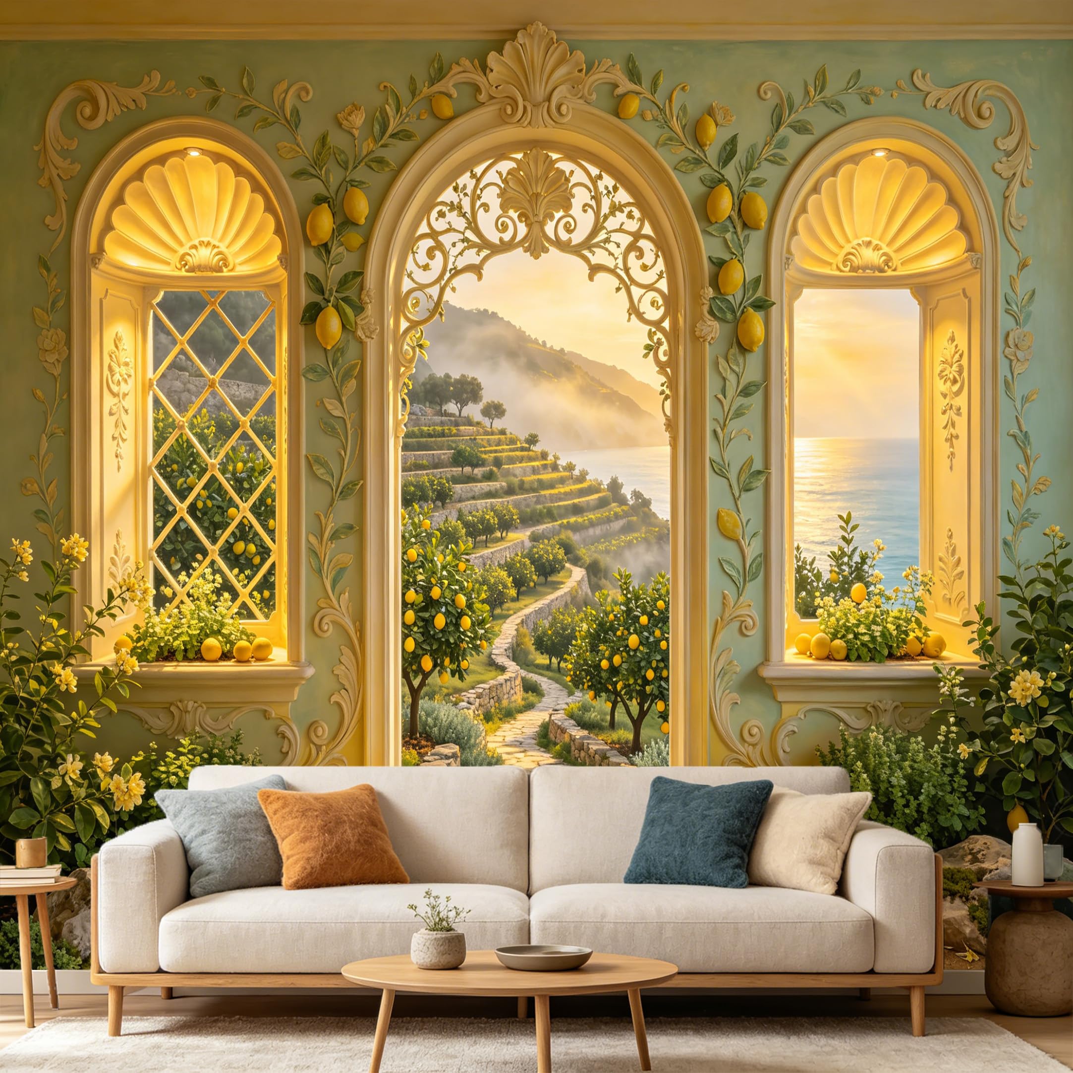 Custom Size Wall Mural， Mediterranean Lemon Orchard Archway Sea View Coastal Landscape， SelfAdhesive Art Prints wall Fabric Removable Large Wallpaper Home Living Room Decor
