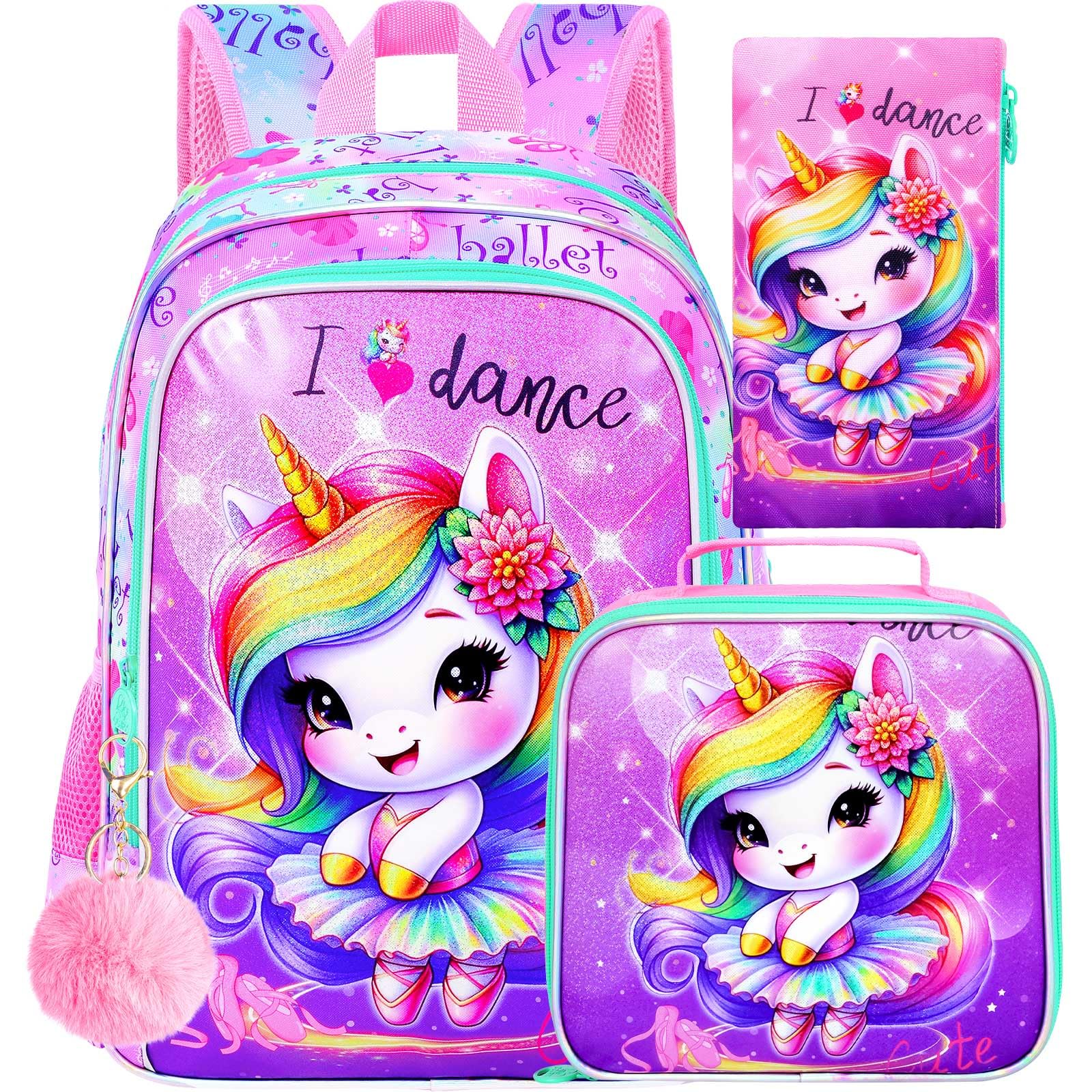 CCJPX 3PCS Unicorn Backpack for Girls, 16 Inch Kids Water Resistant Preschool Bookbags with Lunch Box, Cute Ballet Elementary School Backpacks for