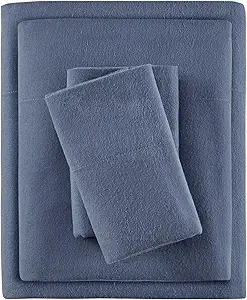 True North by Sleep Philosophy Cozy Flannel Warm 100% Cotton Sheet - Novelty Print Animals Stars Cute Ultra Soft Cold Weather Bedding Set, King, Blue Solid 4 Piece