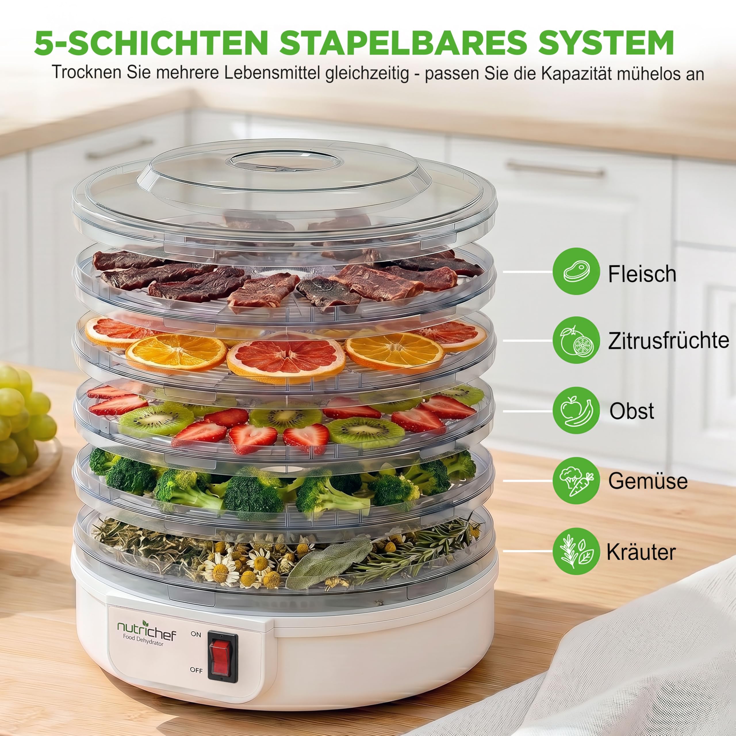 Nutrichef Dörrautomat 5 Einschübe – Milchweiß BPA-freies Dörrgerät für Fleisch, Obst, Pilze & Gemüse, 82°C einstellbar, 600W Leistung, leise und leicht zu reinigen