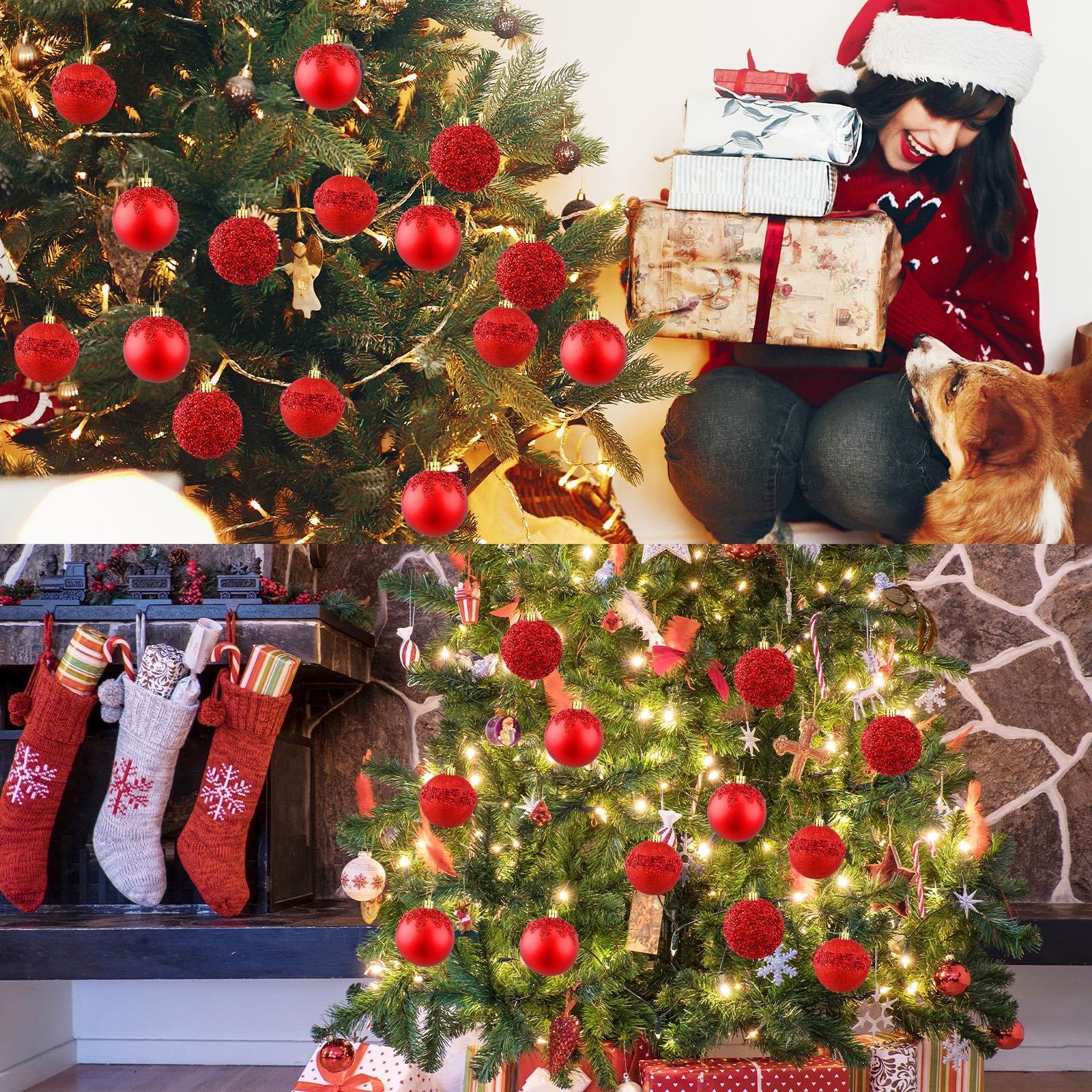Syhood 12 adornos de bolas de Navidad con purpurina y lentejuelas de diamantes de imitación, bolas de Navidad colgantes para árboles de Navidad, bodas, fiestas, decoraciones de vacaciones (rojo, 3.15