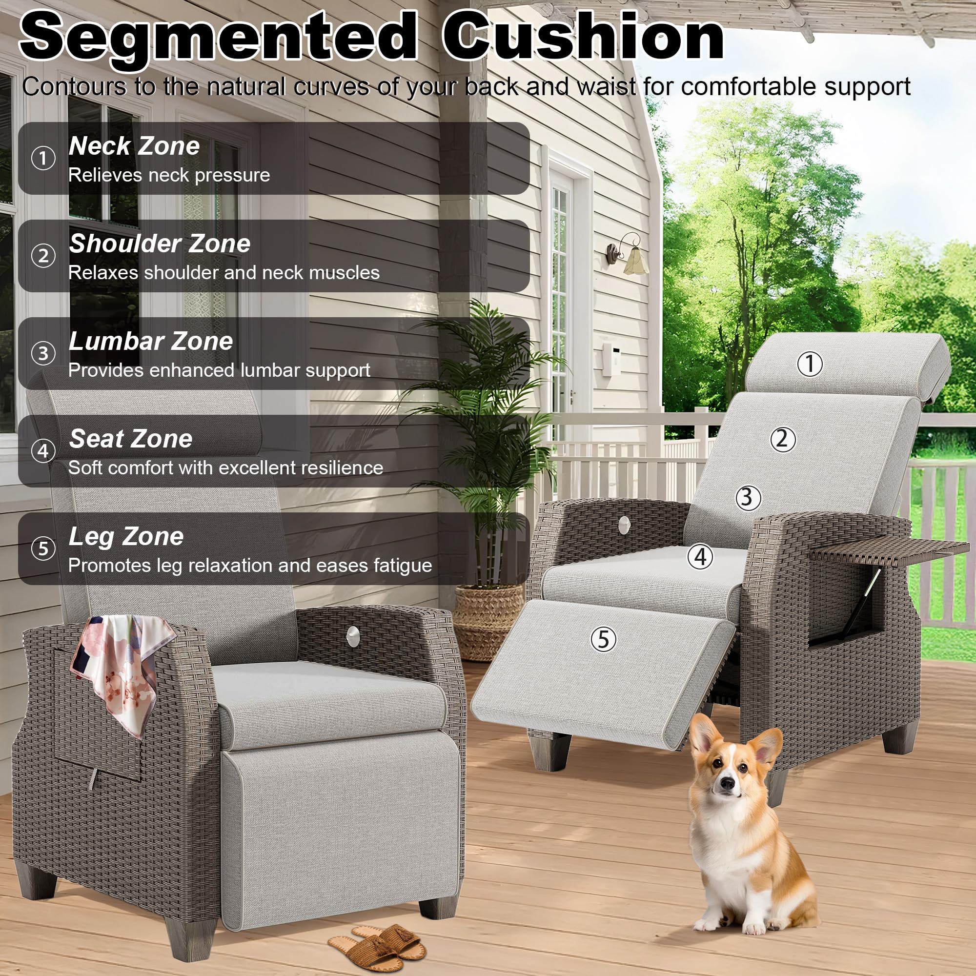 Fiutazge Fauteuil Relax Jardin en Rotin,Chaise Longue Jardin avec Coussin,Transat Jardin Exterieur,Dossier RéGlable,Table Latérale,Bain de Soleil pour Intérieur,Extérieur,Beige Coussin