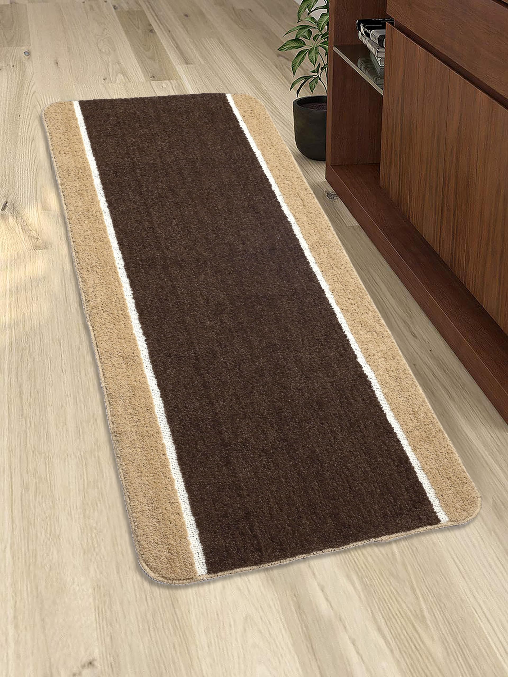 Saral Home Soft Microfiber Anti-Skid Rectangulat Colorblock Runner | Washable, Non-Slip & Quick-Drying Rugs for Home/Kitchen | Soft & Super Absorbent Mats for Shower, (Brown, 60X140 CM) 2