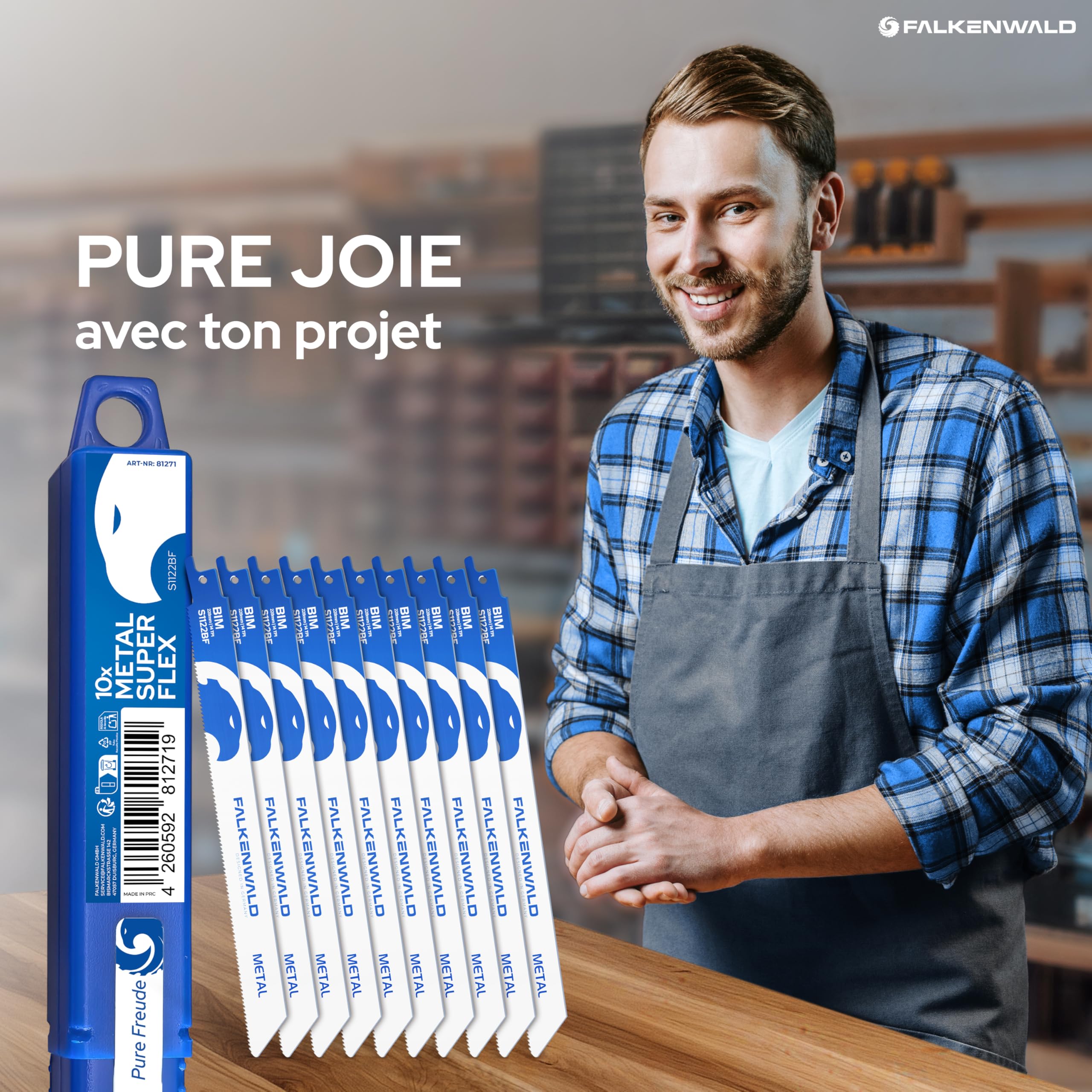 FALKENWALD Lot de 10 lames de scie sabre en métal S1122BF - Super Flex - 225 mm de long, 14 TPI - Bi-métal, acier inoxydable, aluminium, tôles - Tige universelle 1/2" pour Bosch, Makita, Einhell, etc.