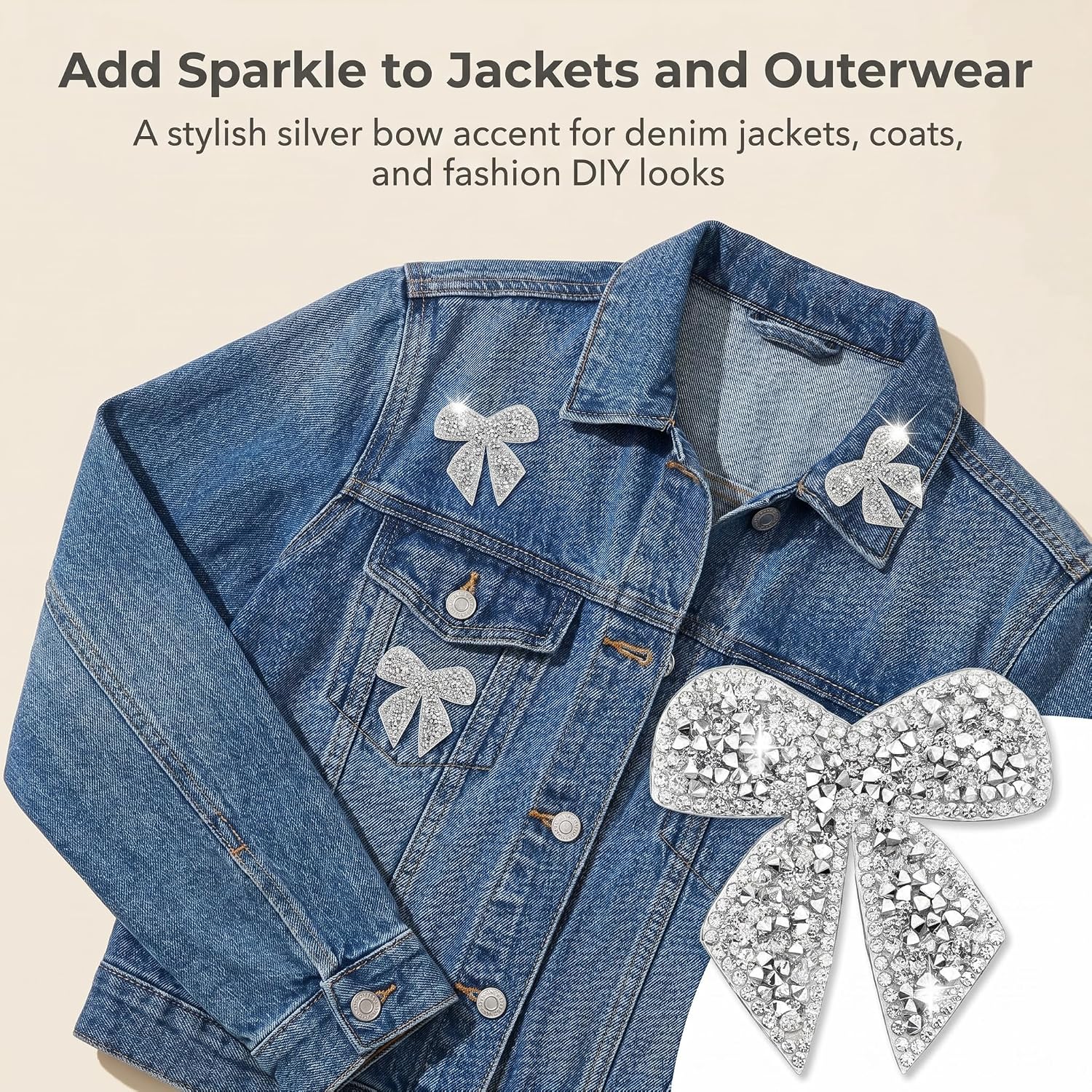 6 Pack Silver Rhinestone Bow Patches, Sparkly Bow Appliques with Hot Melt Adhesive Backing, Decorative Iron On Style Embellishments for Jackets, Hats, Bags, Jeans and Shoes