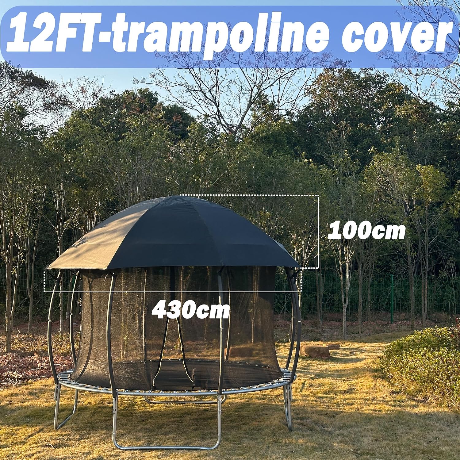 10FT 12FT 14FT 15FT 16FT Dome Trampoline Canopy Cover for Backyard Trampolines, 600D Heavy-Duty Waterproof Fabric with Taped Seams, Curved Roof Design Prevents Water Pooling