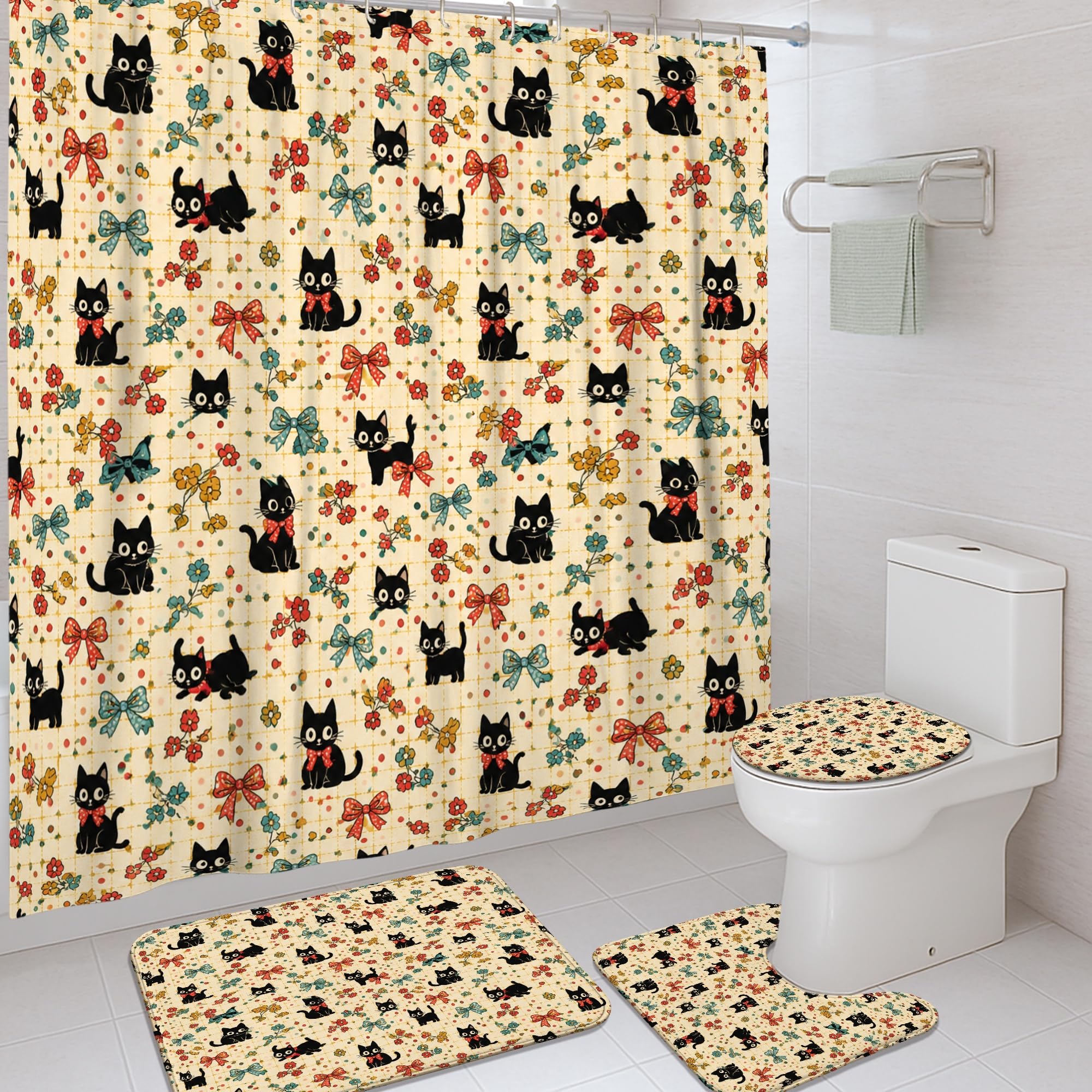 Rideau de douche en tissu motif chat noir avec tapis décoratif fleuri